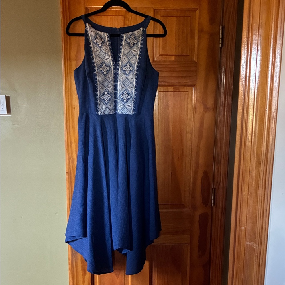 White House Black Market Blue High Low Dress with Patterned Front